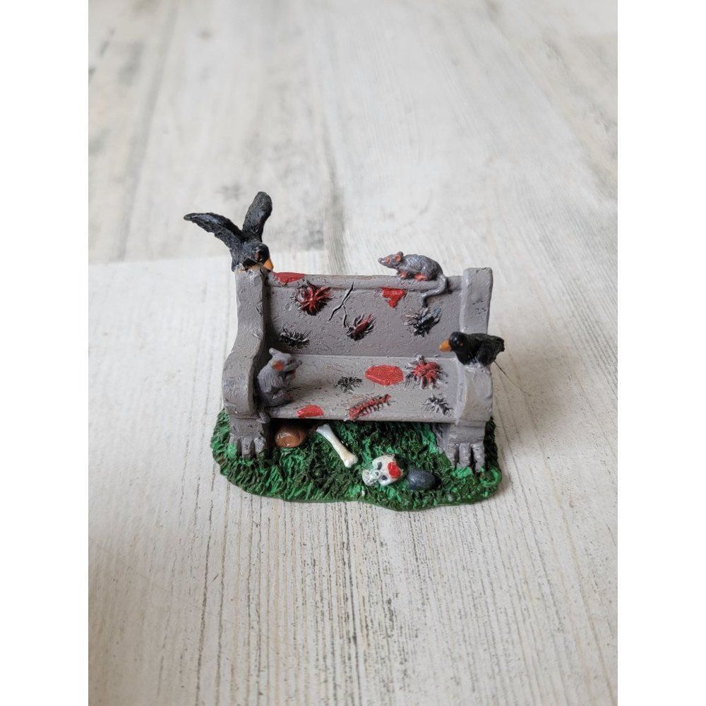 Lemax creepy town bench spooky blood Halloween accessory crow rat